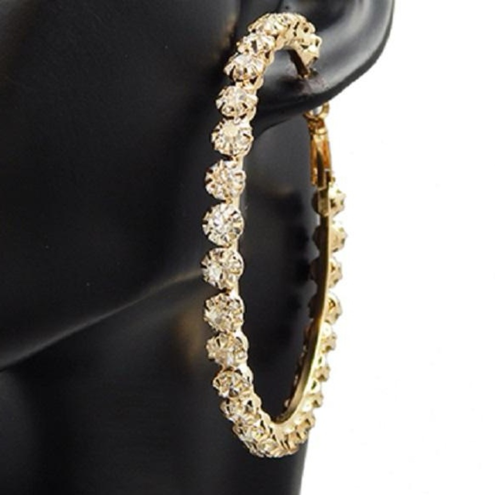 3" Long BLING SPARKLE Big Crystal Cz statement rhinestone Hoop Earrings Gold